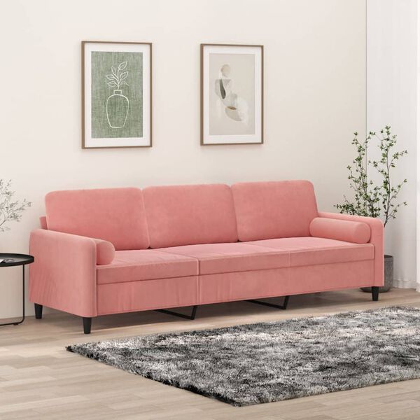 vidaXL Canap&eacute; 3 places oreillers et coussins Rose 210 cm Velours