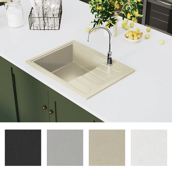 vidaXL &Eacute;vier de cuisine avec trou de trop-plein ovale Beige Granit