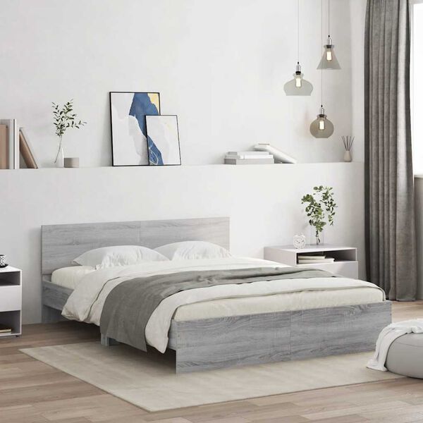 vidaXL Cadre de lit avec t&ecirc;te de lit et LED sonoma gris 150x200 cm