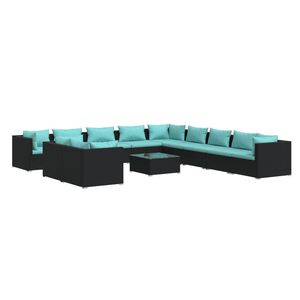 vidaXL Salon de jardin 12 pcs avec coussins Noir R&eacute;sine tress&eacute;e