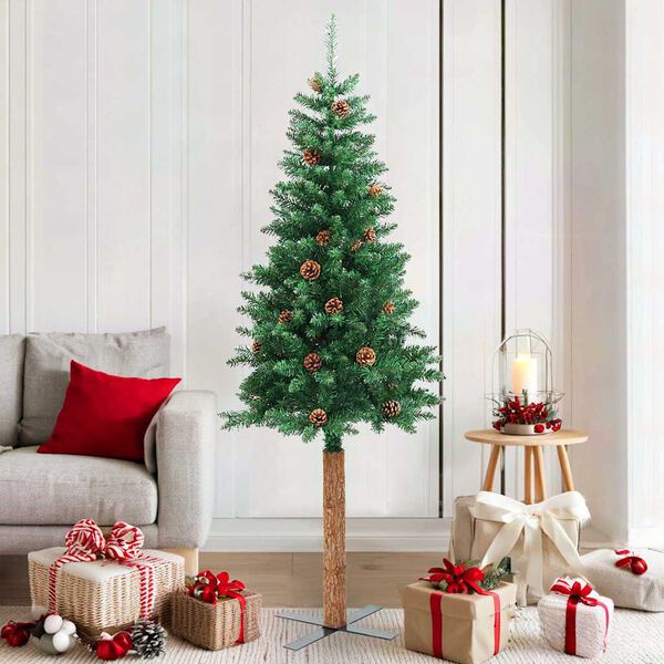 vidaXL Sapin de Noël mince avec bois véritable et cônes vert 180cm PVC