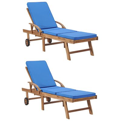 vidaXL Chaises longues avec coussins lot de 2 Bois de teck solide Bleu