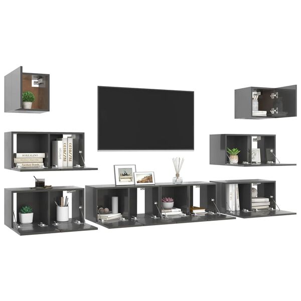vidaXL Ensemble de meuble TV 8 pcs Gris brillant Bois d'ing&eacute;nierie