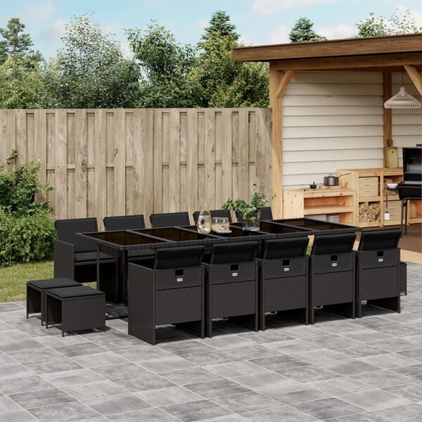 vidaXL Ensemble &agrave; manger de jardin 15 pcs coussins noir r&eacute;sine tress&eacute;e