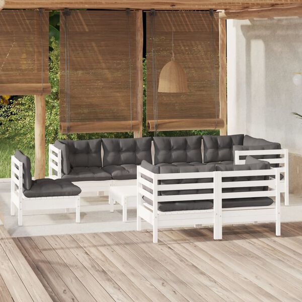 vidaXL Salon de jardin 9 pcs avec coussins blanc bois de pin massif