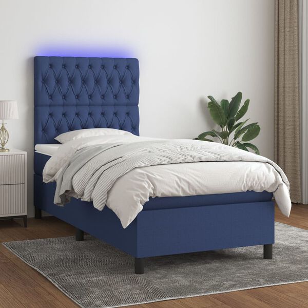 vidaXL Sommier &agrave; lattes de lit avec matelas et LED Bleu 90x190cm Tissu