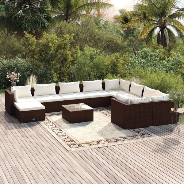 vidaXL Salon de jardin 11 pcs avec coussins R&eacute;sine tress&eacute;e Marron