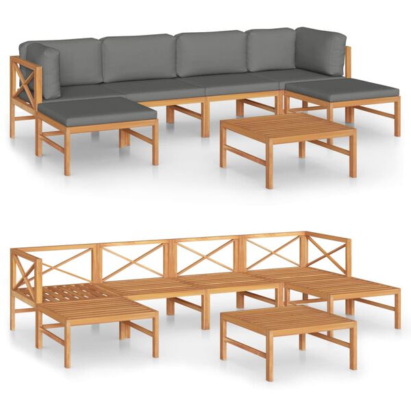 vidaXL Salon de jardin 7 pcs avec coussins gris bois de teck solide