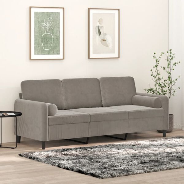 vidaXL Canap&eacute; 3 places oreillers et coussins Gris clair 180 cm Velours