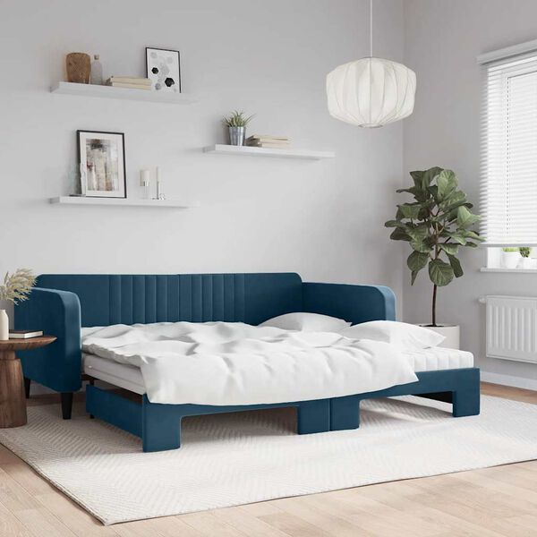 vidaXL Lit de jour avec lit gigogne et matelas bleu 100x200 cm velours