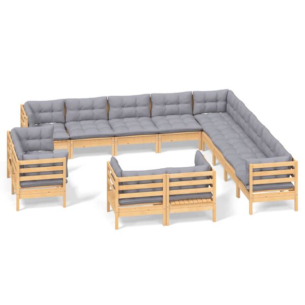 vidaXL Salon de jardin 13 pcs avec coussins gris Bois de pin solide
