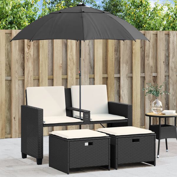 vidaXL Canap&eacute; de jardin 2 places avec parasol et tabourets noir rotin