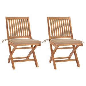 vidaXL Chaises pliantes (lot de 2) avec coussins beiges, en teck massif