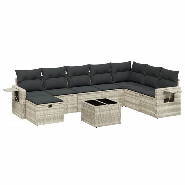 vidaXL Salon de jardin 9 pcs avec coussins gris clair r&eacute;sine tress&eacute;e