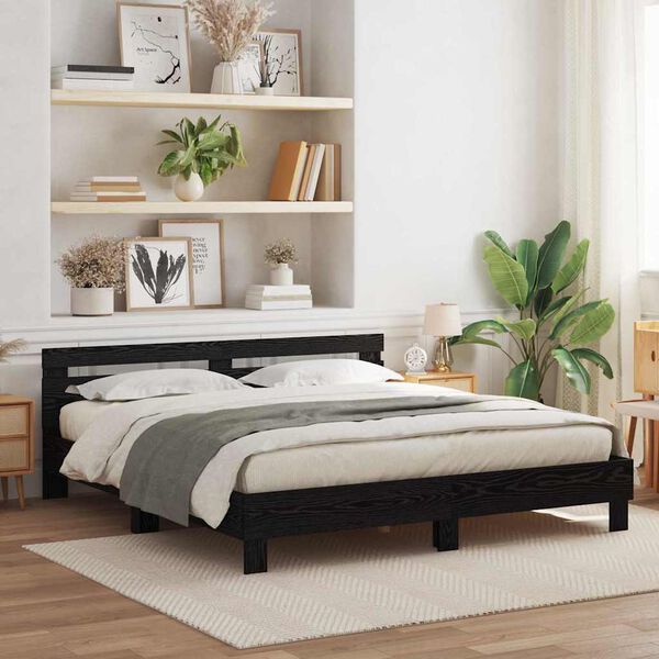 vidaXL Cadre de lit avec LED Ch&ecirc;ne noir 200 x 200 cm Bois d'ing&eacute;nierie