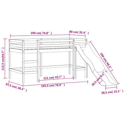 vidaXL Lit mezzanine enfants avec tour sans matelas rose 90x190 cm