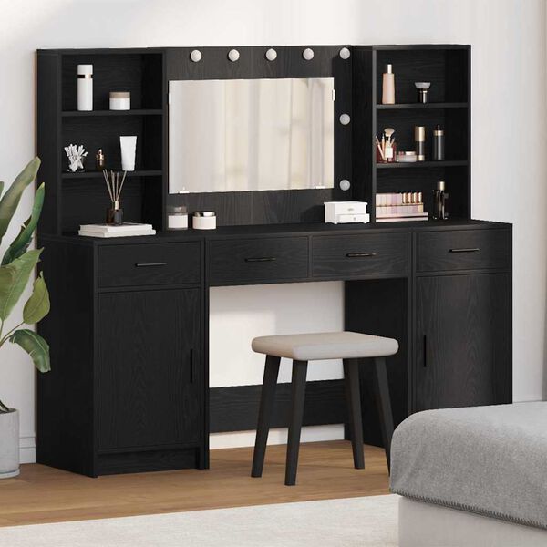 vidaXL Ensemble de table de maquillage avec LED 3 pcs Ch&ecirc;ne noir
