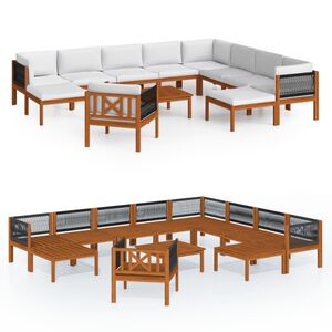 vidaXL Salon de jardin 12 pi&egrave;ces avec coussins, bois d'acacia cr&egrave;me et corde