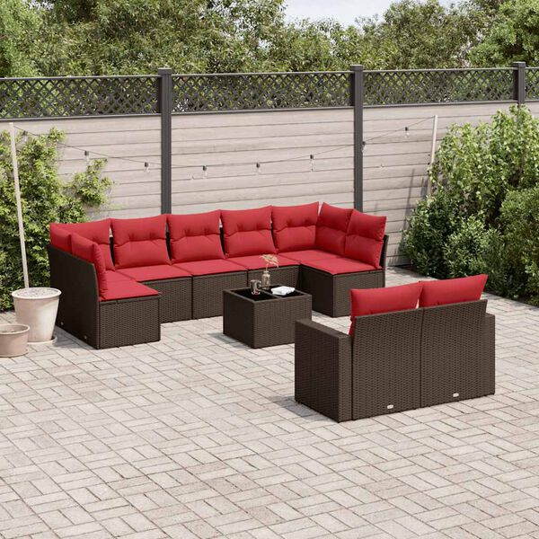 vidaXL Salon de jardin 10 pcs avec coussins marron r&eacute;sine tress&eacute;e