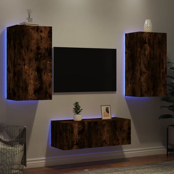 vidaXL Unit&eacute;s murales TV avec LED 4 pcs ch&ecirc;ne fum&eacute; bois d'ing&eacute;nierie
