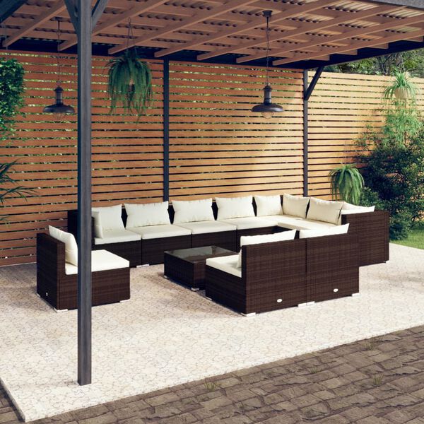 vidaXL Salon de jardin 11 pcs avec coussins R&eacute;sine tress&eacute;e Marron
