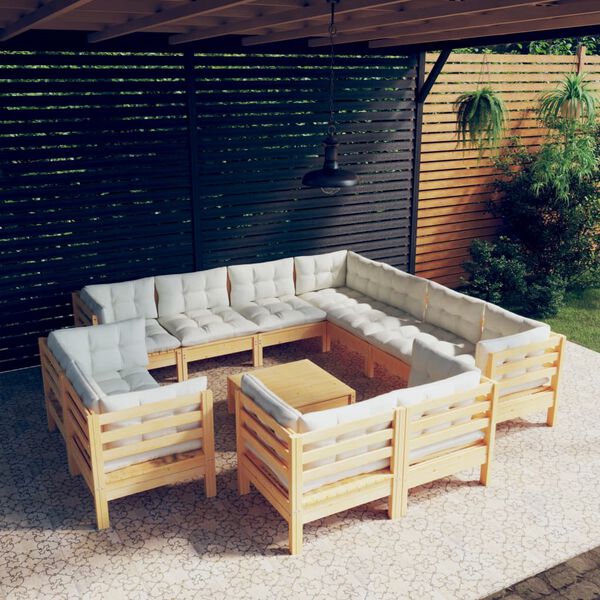 vidaXL Salon de jardin 12 pcs avec coussins cr&egrave;me Bois de pin massif