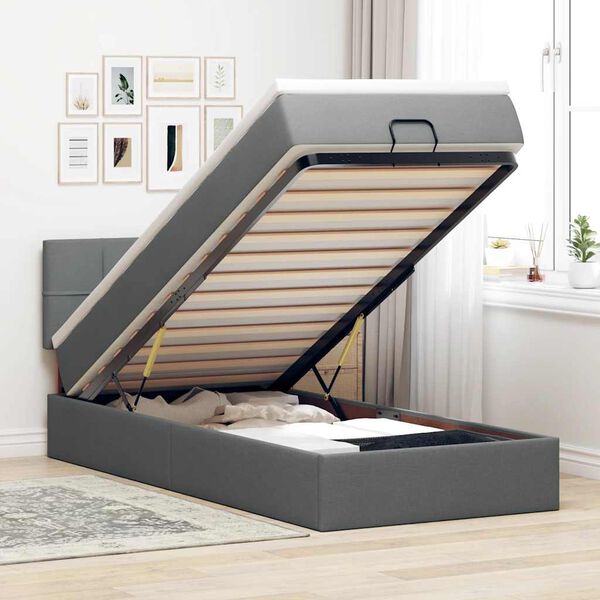 vidaXL Lit ottoman avec matelas et LED gris fonc&eacute; 90x200 cm tissu