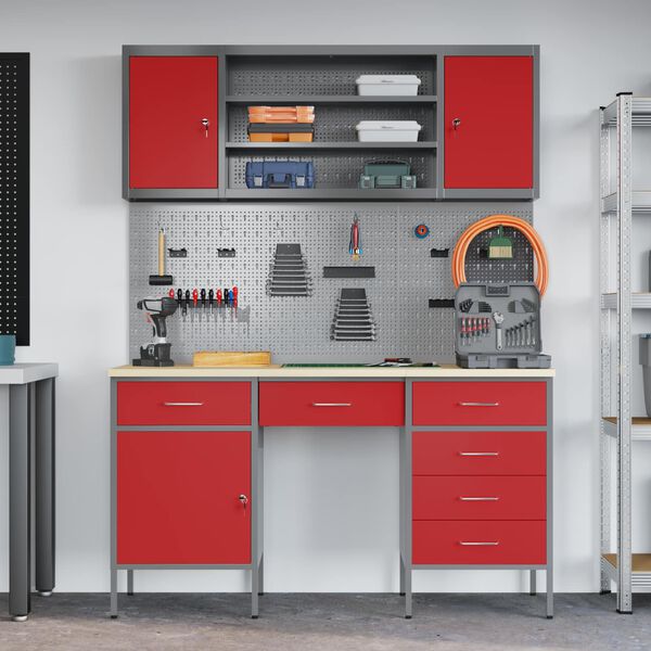 vidaXL Placard de travail 8 pcs Rouge Bois d'ing&eacute;nierie et acier