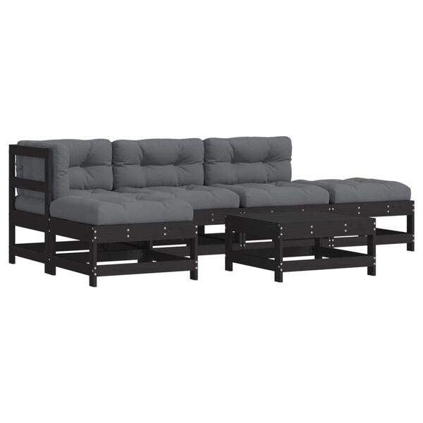 vidaXL Salon de jardin 6 pcs avec coussins noir bois massif