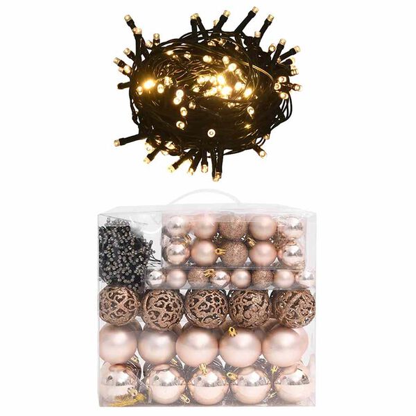 vidaXL Set de boules de Noël avec pic et 300 LED 120pcs Doré rose