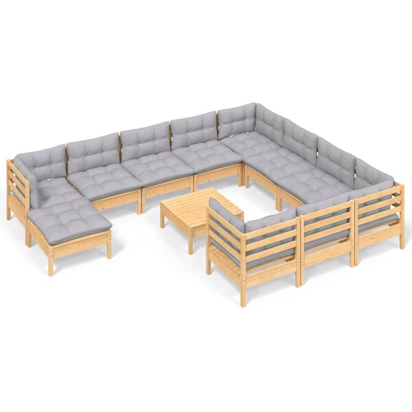 vidaXL Salon de jardin 12 pcs avec coussins gris Bois de pin