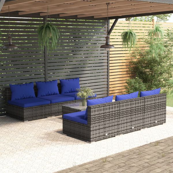 vidaXL Salon de jardin 7 pcs avec coussins r&eacute;sine tress&eacute;e gris