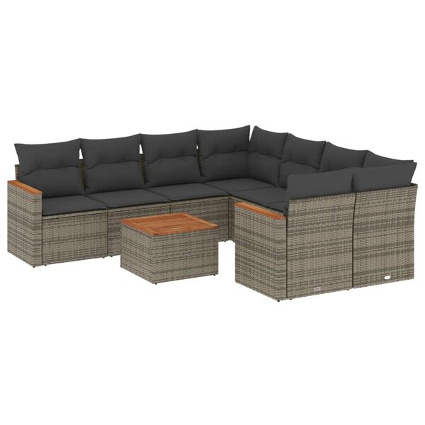 vidaXL Salon de jardin 9 pcs avec coussins gris r&eacute;sine tress&eacute;e
