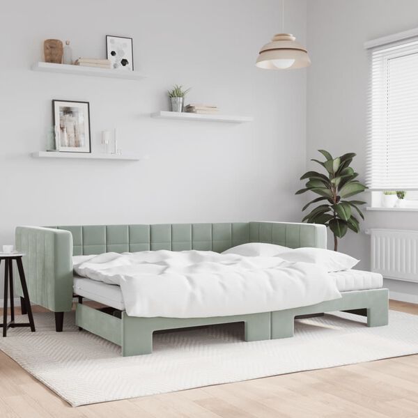 vidaXL Lit de jour avec gigogne et matelas gris clair 90x190cm velours