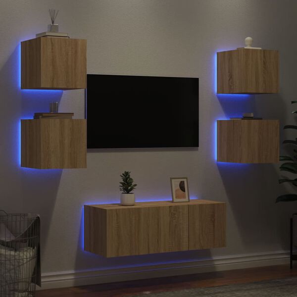 vidaXL Unit&eacute;s murales TV avec LED 6 pcs ch&ecirc;ne sonoma bois d'ing&eacute;nierie