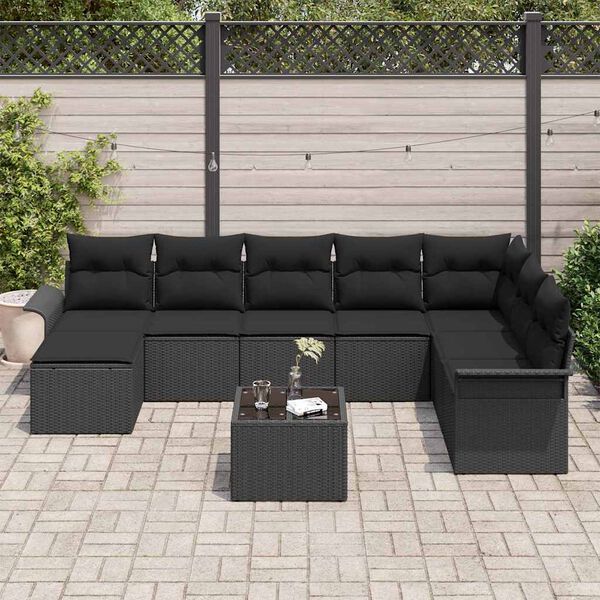 vidaXL Ensemble de canap&eacute; de jardin avec coussin 9 pcs Noir polyrotin