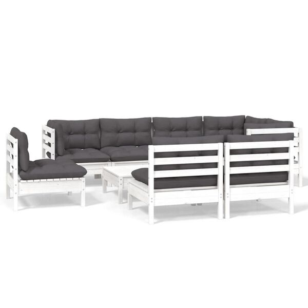 vidaXL Salon de jardin 9 pcs avec coussins blanc bois de pin massif