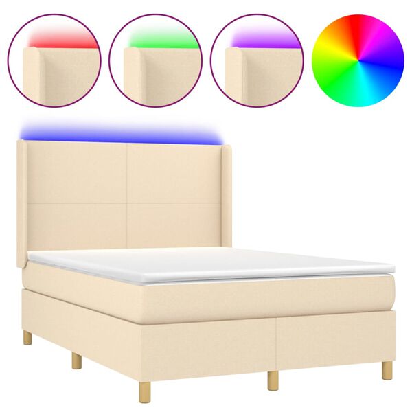 vidaXL Sommier &agrave; lattes de lit matelas et LED Cr&egrave;me 140x200 cm Tissu