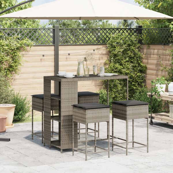 vidaXL Ensemble de bar de jardin 5 pcs avec coussins gris poly rotin