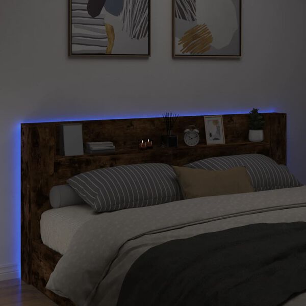 vidaXL Armoire t&ecirc;te de lit avec LED ch&ecirc;ne fum&eacute; 220x16,5x103,5 cm