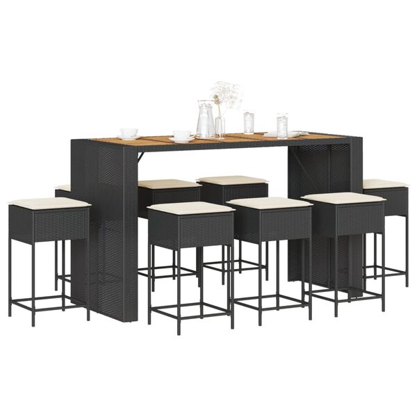 vidaXL Ensemble de bar de jardin 9 pcs avec coussins noir poly rotin
