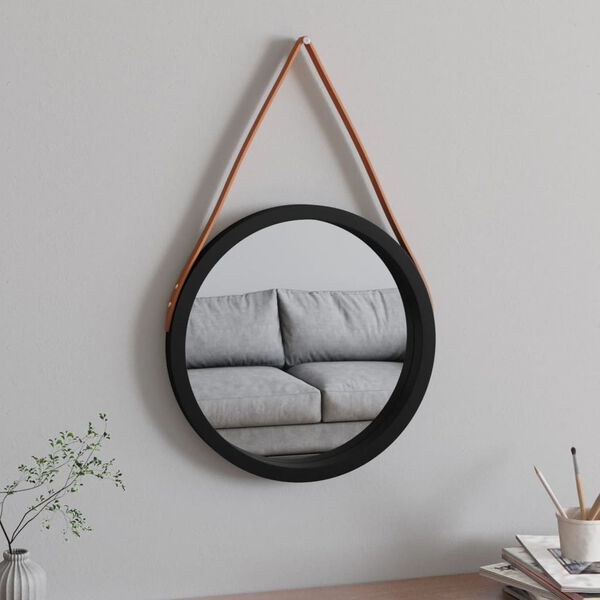 vidaXL Miroir mural avec sangle Noir &Oslash; 45 cm