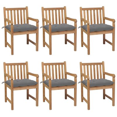 vidaXL Chaises de jardin lot de 6 et coussins gris Bois de teck solide