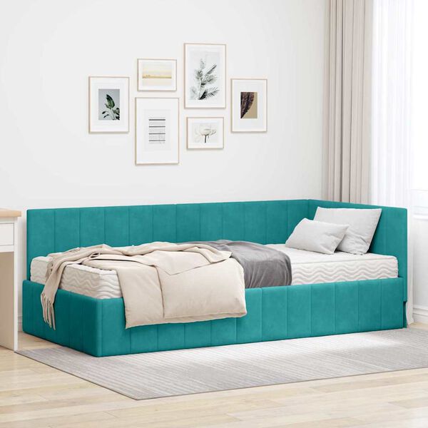 vidaXL Cadre de lit d'angle avec matelas 2 pcs Turquoise Velours