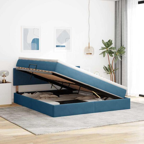 vidaXL Lit avec rangement et LED Bleu fonc&eacute; 160 x 200 cm Velours