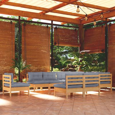 vidaXL Salon de jardin 10 pcs avec coussins gris bois de pin solide
