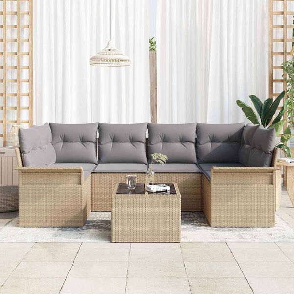 vidaXL Ensemble de canap&eacute; de jardin 7 pcs Beige Poly rotin