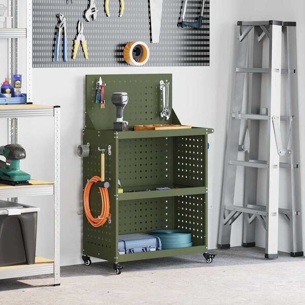 vidaXL Chariot &agrave; outils avec &eacute;tag&egrave;re Vert olive 65 x 35 x 111 cm