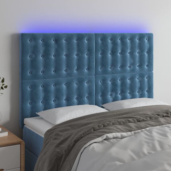 vidaXL T&ecirc;te de lit &agrave; LED Bleu fonc&eacute; 144x5x118/128 cm Velours
