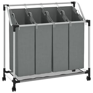 vidaXL Panier &agrave; linge &agrave; roulettes 4 compartiments gris